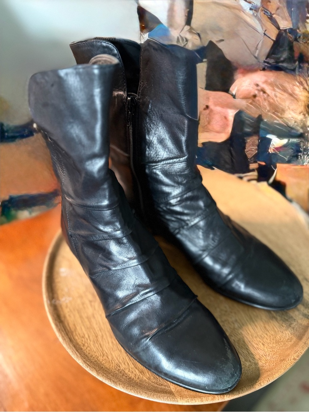 Everybody by B.Z. Moda Black Leather Short Boots EU 40.5 Zip Ruched